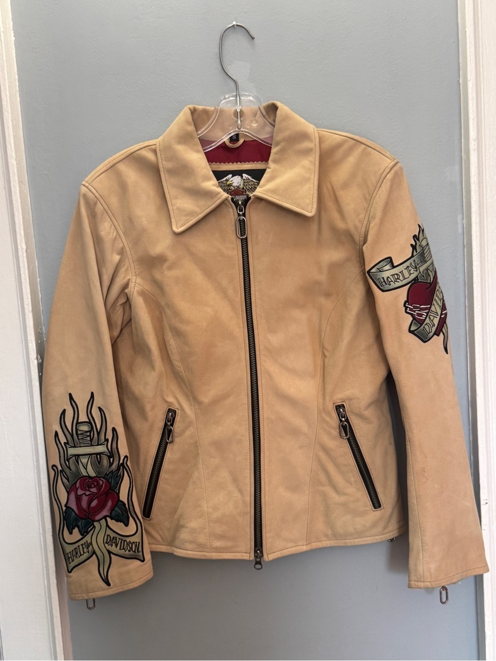 Harley-Davidson Leather Moto Buckskin Tattoo Graphic Jacket Women’s Small Tan